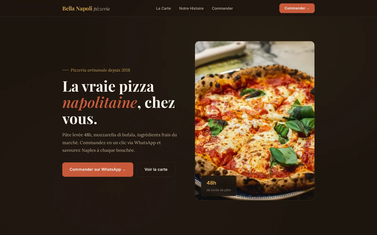Page d'accueil de la démo Bella Napoli, pizzeria
