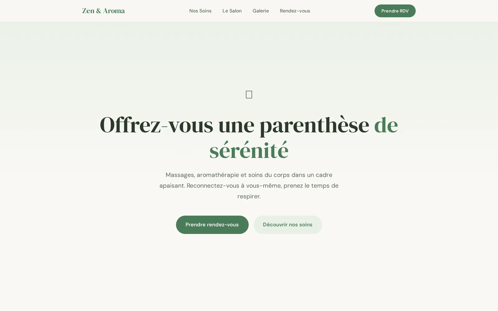 Page d'accueil de la démo Zen & Aroma, salon de bien-être